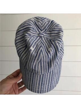 NWT Madewell Blue White Striped Cotton Cap Leather Strap Casual Minimal Boho